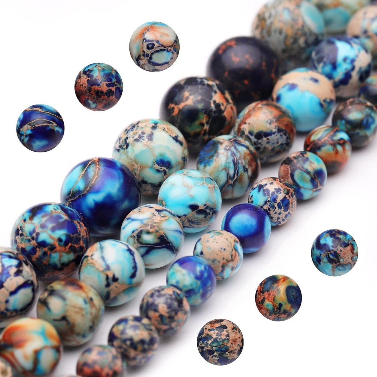Natural Gemstone Beads for Jewelry Making,8mm Mixed Blue Imperial Jasper Polished Round Smooth Stone Beads,Genuine Real Stone Beads for Bracelet Necklace 15 Inch